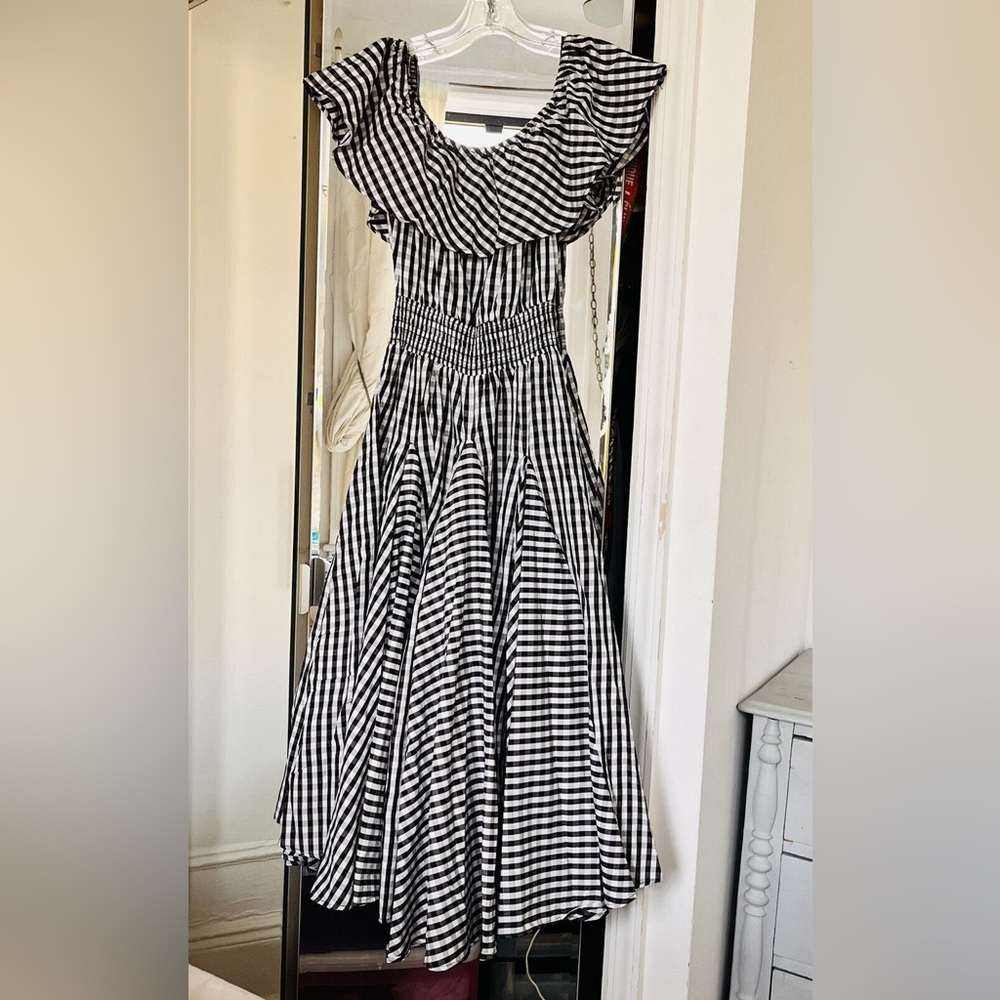 NWT Chelsea & Theodore Black & White Gingham Off the Shoulder Midi Peasant Dress - Picture 3 of 8